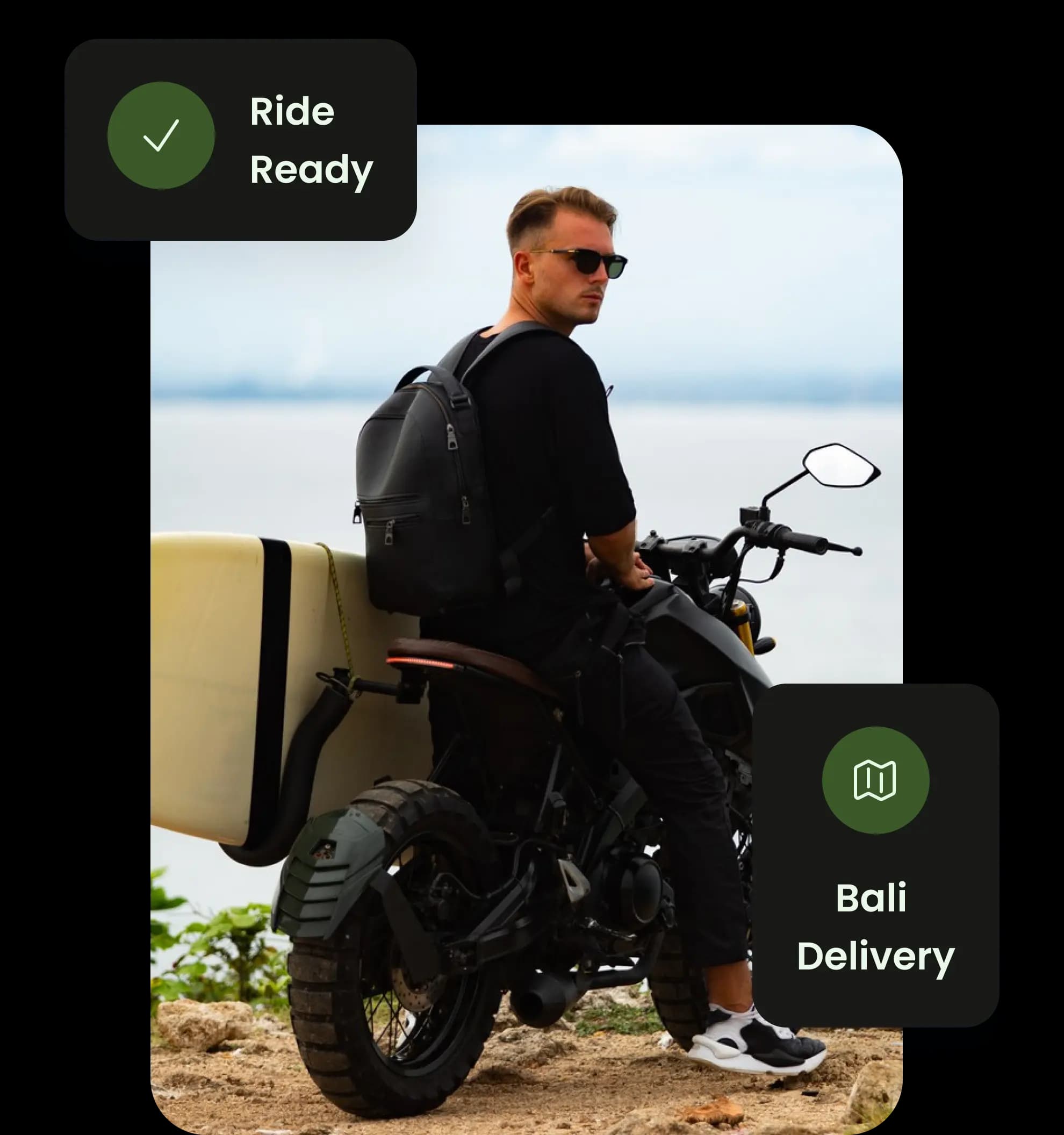 Traveler with a rental motorbike and service highlights