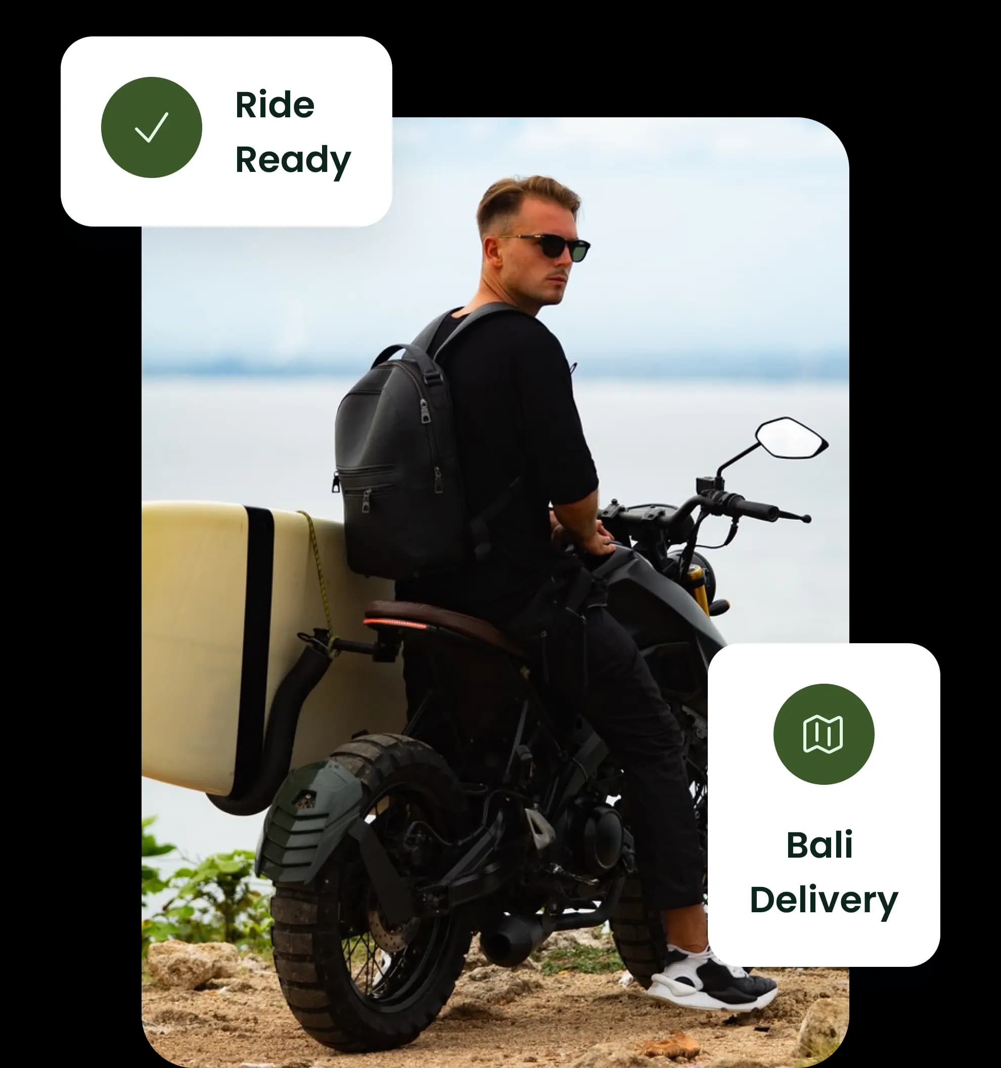 Traveler with a rental motorbike and service highlights